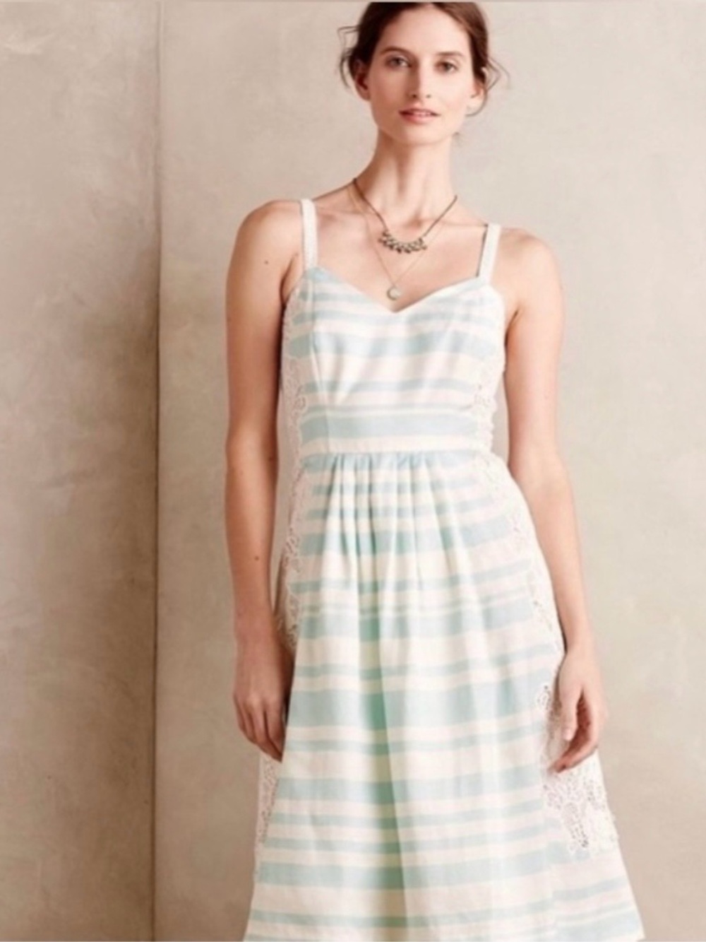 Moulinette Soeurs Mint and White Striped Sundress with Lace Trim